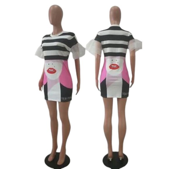 Bold Flutter Sleeve Stripe Red Sequin Lips Club Dress, Large - Picture 11 of 12